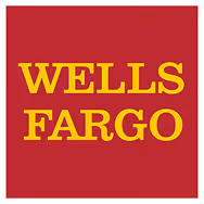 Wells Fargo logo featuring the words "Wells Fargo" in yellow on a red background.